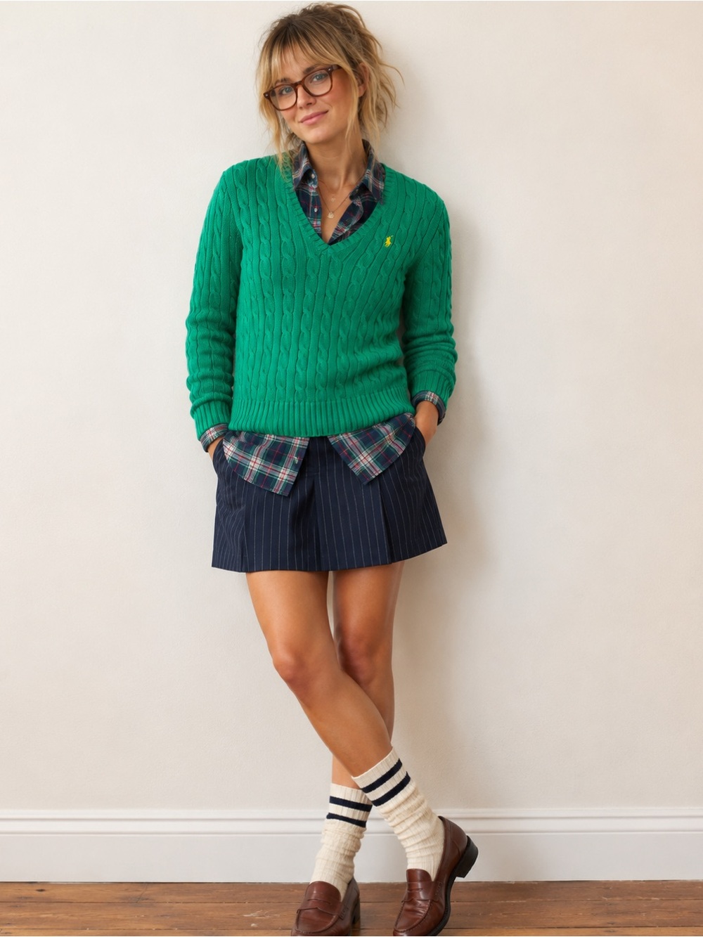 Vintage Ralph Lauren Sport Kelly Green Cable Knit V-Neck Sweater Size S/P